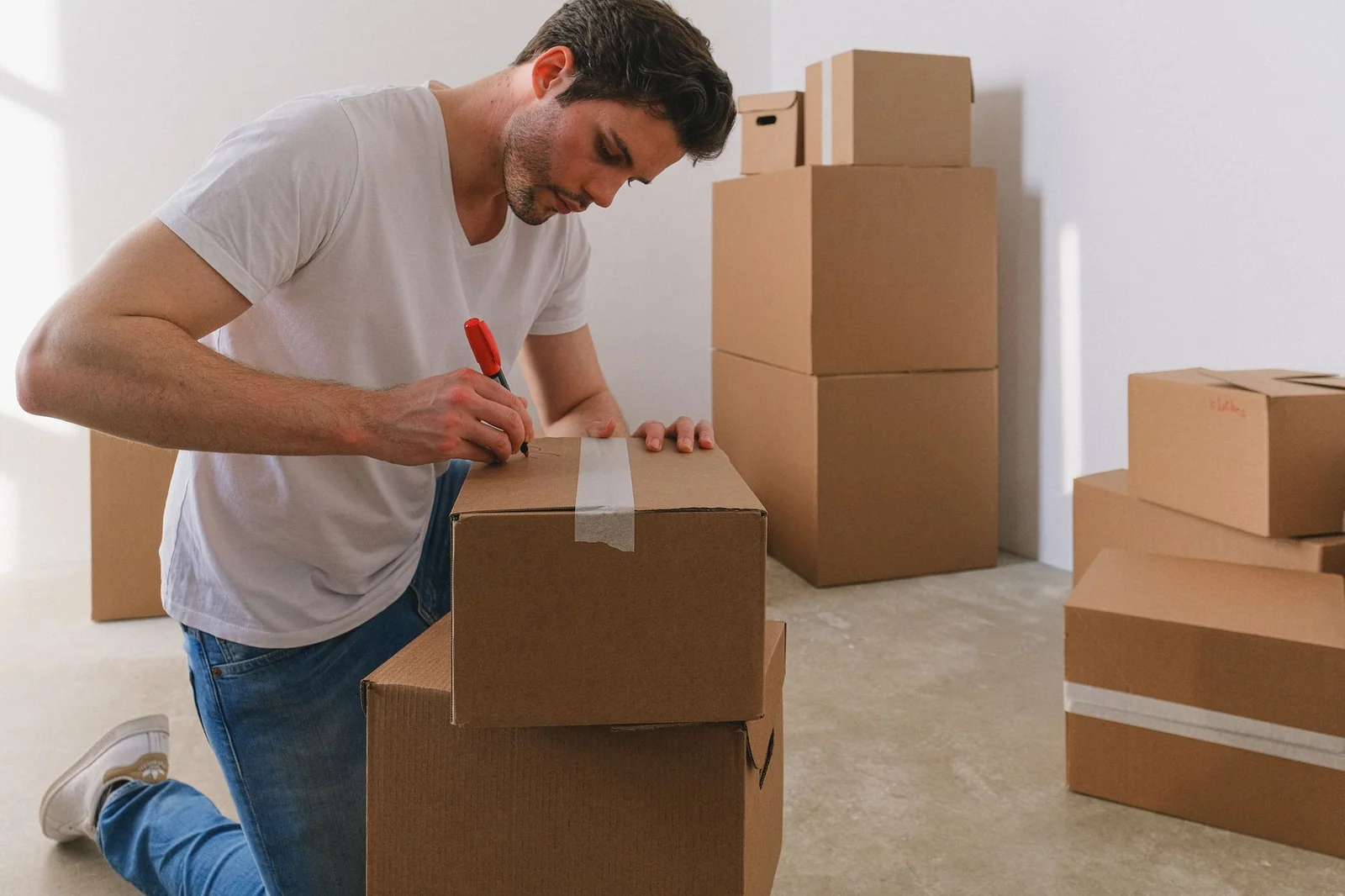 Cartons étiquetés empilés, prêts pour le déménagement