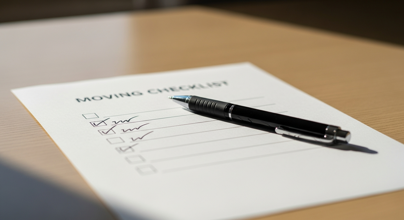Checklist administrative sur un bureau avec stylo et documents de déménagement