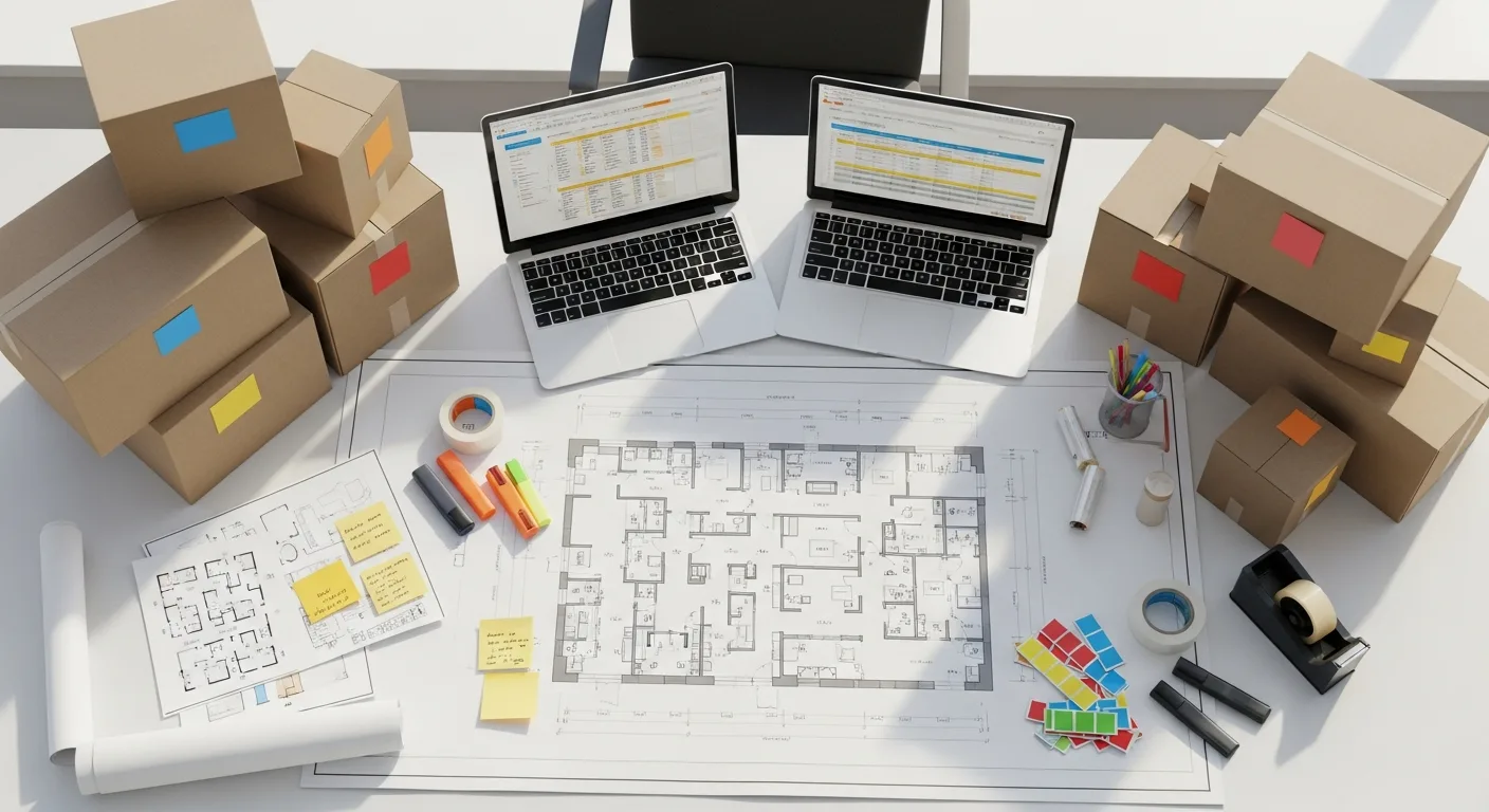 Plan de transfert de bureaux avec cartons et ordinateurs portables